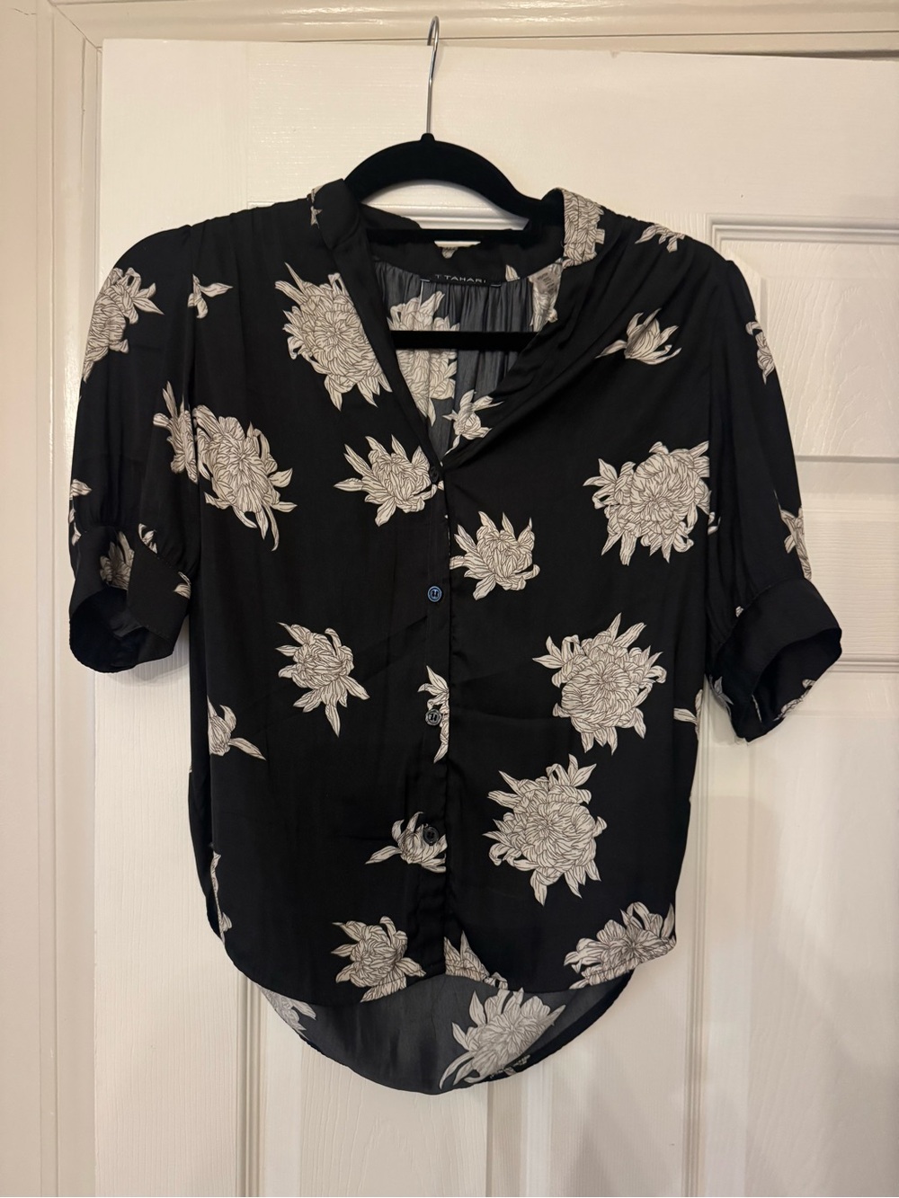 Tahari Black Button-Down Shirt with White Floral Print
